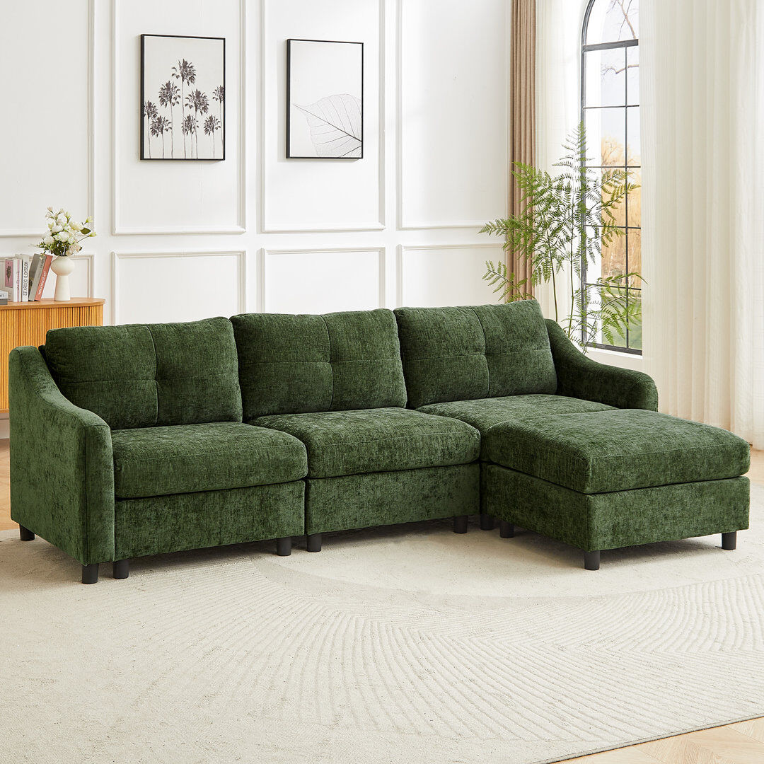 Fjørde & Co Modern Chenille L-Shaped 3 Seater Sofa With Removable Ottoman Green 85cm H X 251cm W X 83cm D