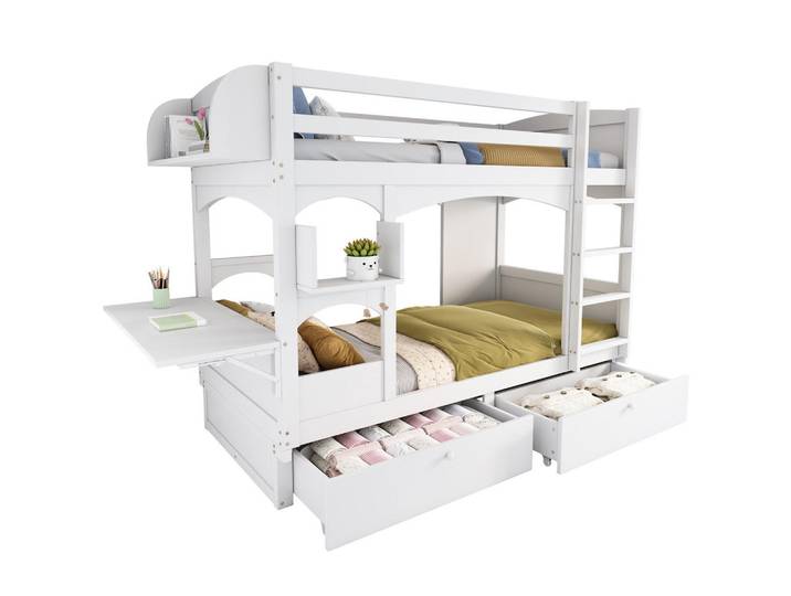 Modfu Etagenbett aus Massivholz 90x200 cm in Weiß mit klappbarem Schreibtisch, Holz, 90x200 cm, Babymöbel & Kindermöbel, Kinderzimmer & Jugendzimmer, Stockbetten