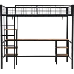 STILVORA Etagenbett aus Metall und Holz, Schwarz, 90x200 cm, gewerblich geeignet, mit Tisch und Regal
