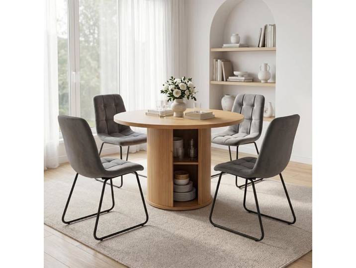 JIEXI Ensemble table de salle à manger ronde et 4 chaises table de rangement chaises de salle à manger en tissu flanelle gris