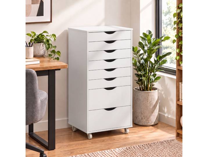 HOMCOM Caisson Bureau 8 Tiroirs Rangement 53x40x103,5cm Blanc