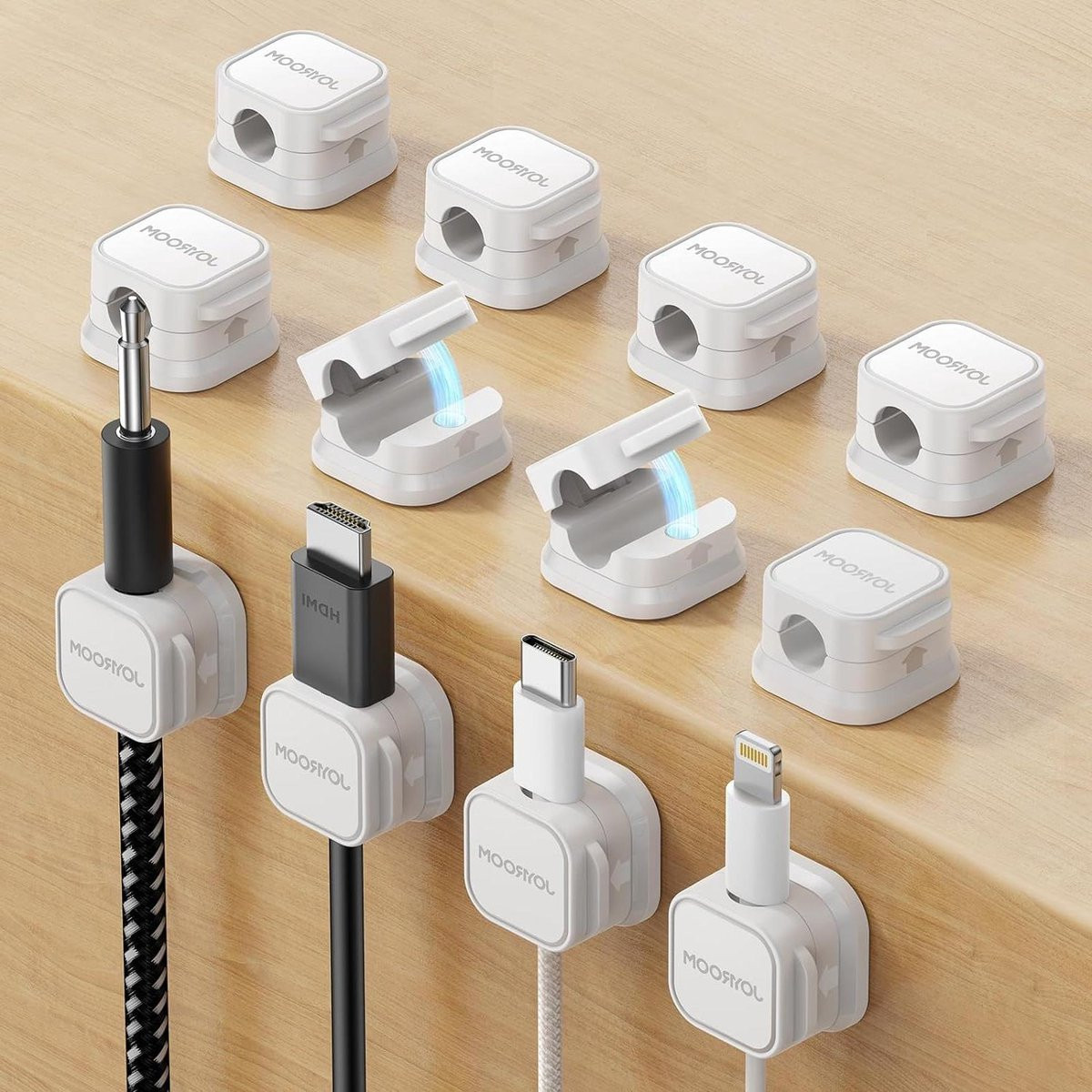 Verstelbare magnetische kabelorganizer voor bureau en nachtkastje voor HDMI, USB en audiokabels - Wit