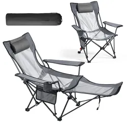 VEVOR Campingstuhl faltbar, Liegestuhl mit 4 verstellbaren Positionen, Relaxsessel Liege mit Getränkehalter, Netz-Strandstuhl mit Kopfstütze & Fußstütze, trägt 100 kg , für Outdoor Camping, grau