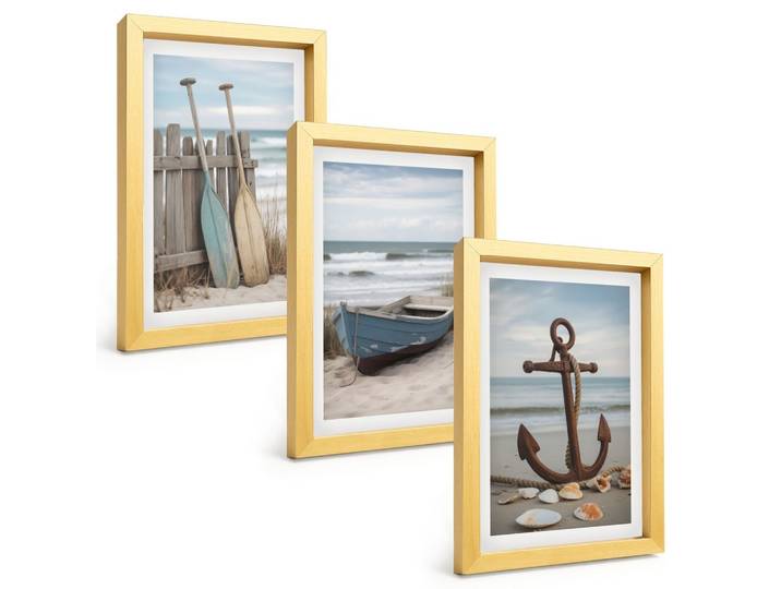 BILDER SET 3er Set - 20x30 cm Goldrahmen - Strandbootanker Sand
