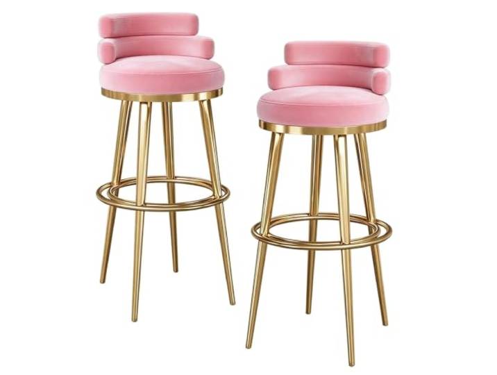 Guyifuny Samt Barstuhl 2er Set Niedrige Rückenlehne Metallgestell Samtbezug auf hochdichtem Schaum, niedrige Rückenlehne für entspanntes Sitzen, Metallgestell mit Fußstütze(Pink,25.6in)