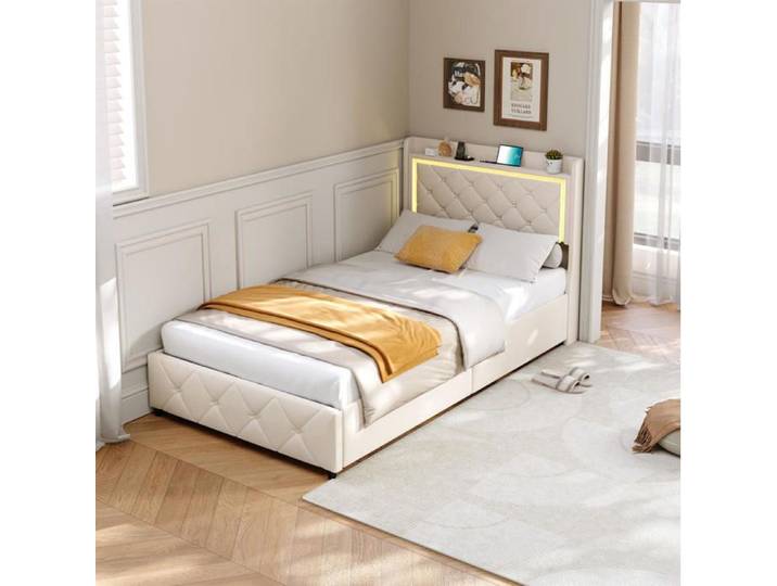 Lit simple 90x200 cm - TANANT - Lit coffre - LED intégrée - 2 tiroirs - Tissu velours Beige