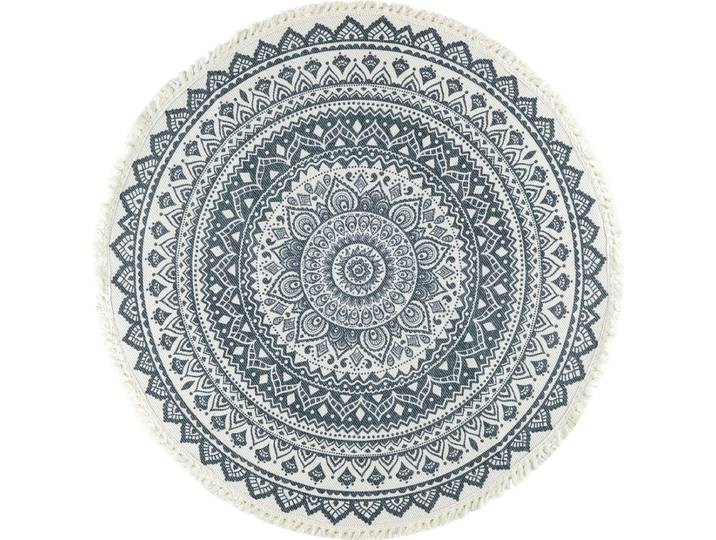 QUVIO Vloerkleed - Tapijt - Vloerbekleding - Bohemian - Mandala - Rond - Met franjes - Voor binnen - Gebroken wit - Antraciet - Grijsblauw - 95 cm