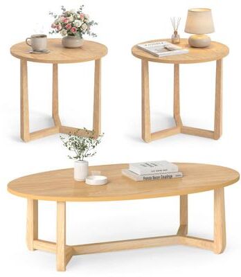 Costway Nesting Coffee Table Set of 3 with Wood Veneered Top and Solid Rubber Wood Legs for Living Room-Natural