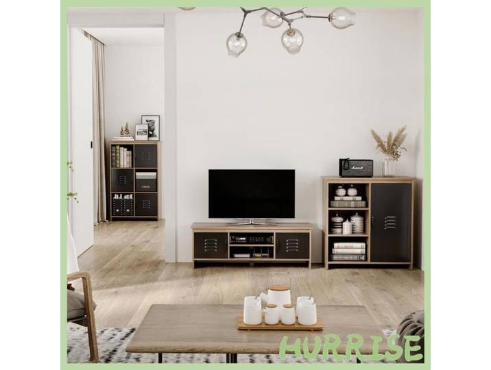 Cocosity Buffet Industriel - Meuble De Rangement Sur Pied 3 Niches Placard - En Bois Et Porte Métal Noir