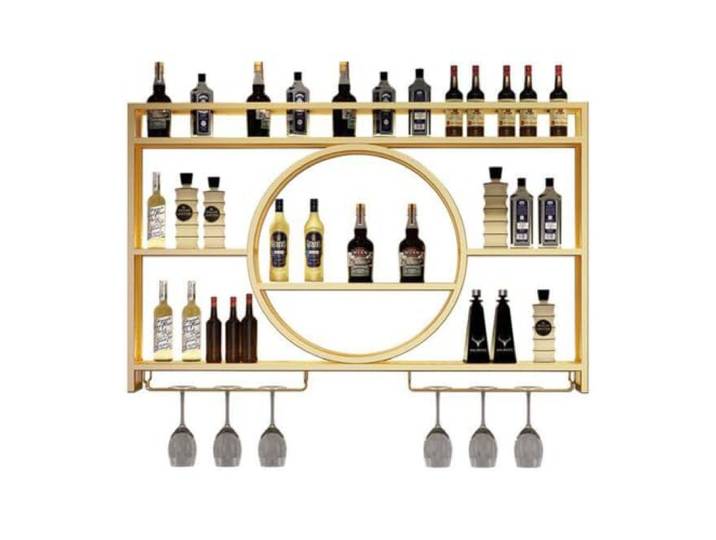 Failjierue 39-Zoll-Weinregal zur Wandmontage, Barregale aus Metall 3-stufiges Bar-Flaschenregal und Glashalter für den Keller in der Küche(Gold)