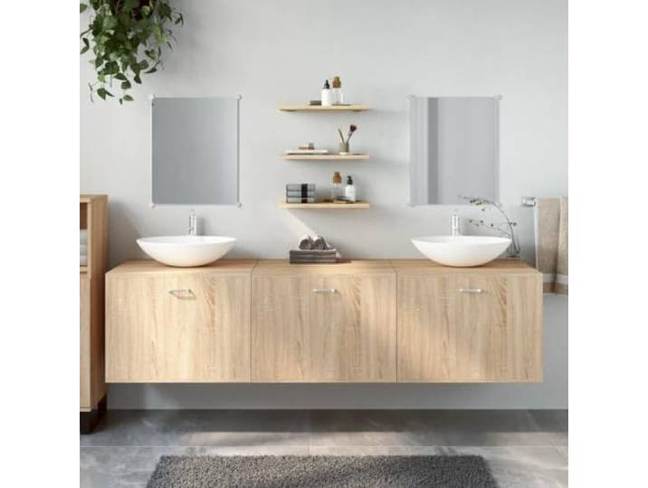 6-tlg. Badmöbel-Set Eichen-Optik Holzwerkstoff mit Spiegel und Wandschrank Wandmontage, Stauraumschrank, Spiegel inklusive, feuchtigkeitsbeständig, Waschbecken nicht enthalten