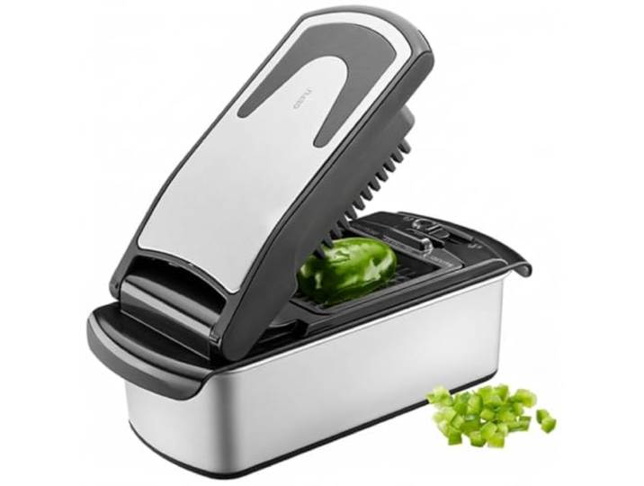 GEFU Coupe-légumes TREPPO 2.0\, 3 grilles\, bac inox 1 L Coupe-fruits manuel avec 3 inserts pour stylos\, cubes ou tranches\, récipient de récupération de 1 litre