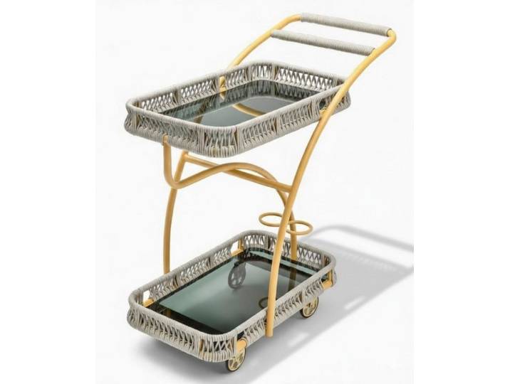 JVmoebel Servierwagen Servierwagen Gelb Grau Farbe Moderner Stil Glasboden Geflecht Räder