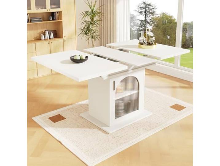 Merax Teleskoptisch Esstisch Esszimmertisch 110–140×80×76 cm, Ausziehbarer Küchentisch mit Ablageflächen, 3 Ablageebenen, Multifunktional für Küche & Wohnzimmer, weiß