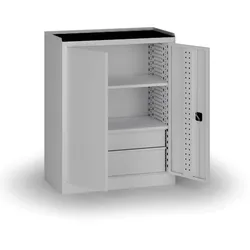 Werkstattschrank, 2 Regalböden + 2 Schubladen, 1180 × 950 × 500 mm, graue Tür