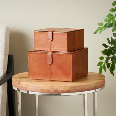 ARCILLA ELEMENTAL Brown Leather Storage Box with Snap Front Closure and Detailed Stitching (Set of 2)