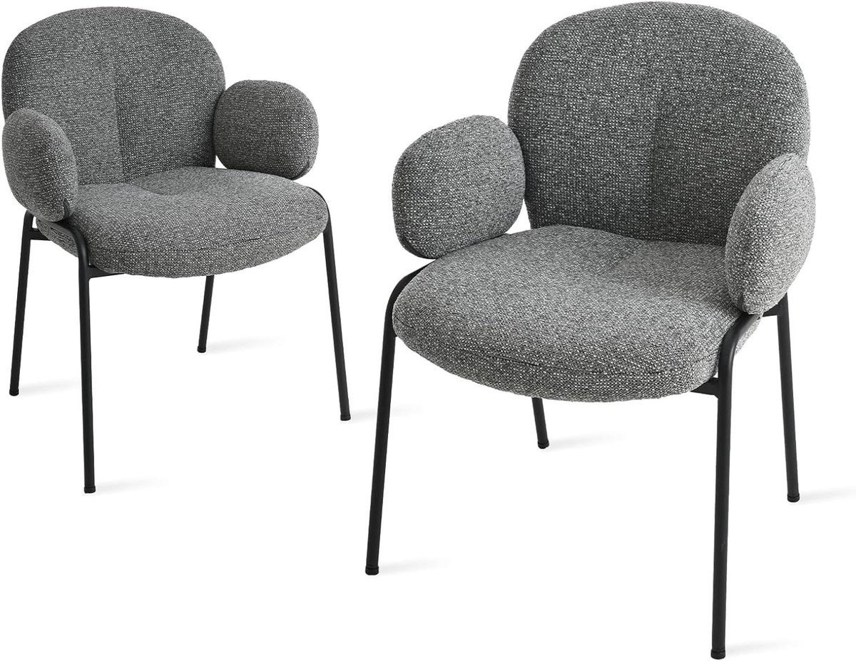 Set van 2 Donkergrijze Gestoffeerde Eetkamerstoelen met Armleuningen