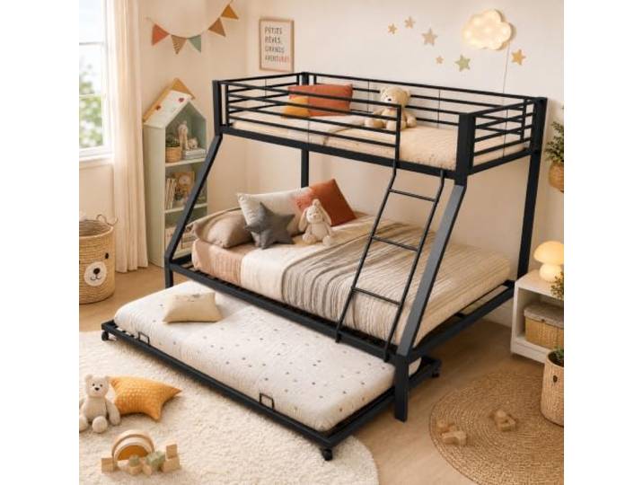 Bellemave Etagenbett Metall 90/140×200cm,mit Ausziehbett 90x190cm,Schwarz Massiv Metallrahmen, 3 Schlafplätze, Rausfallschutz & Schrägleiter, Geräuschdämpfung, Lieferung in 2 Paketen,Ohne Matratze