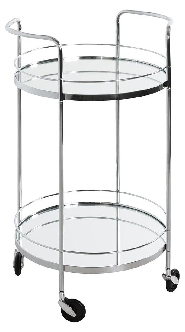 Dripio Serveerwagen in chroom met spiegelglas en zwenkwielen, Art Deco-stijl, Diameter: 48 cm, Hoogte: 80 cm