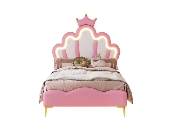 Shopentra Kinderbett 90/200 cm rosa mit Led, Rosa, Holz, Schlafzimmer, Betten, Polsterbetten