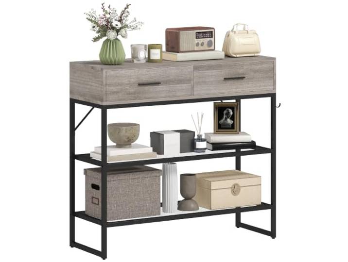 HOMCOM Konsolentisch mit 2 Schubladen 100x35x92 cm Hellgrau Holz 2 Drahtregale, Seitenhaken, Konsolentisch aus Holz und Metall, Beistelltisch für Schlafzimmer