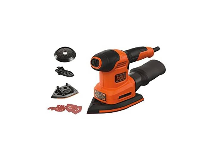 BLACK+DECKER BEW200-QS Multiponceuse filaire - 200W - 2mm de diamètre d'orbite - 6 abrasifs\, 2 plateaux et 1 doigt de ponçage - Collecteur à action cyclonique