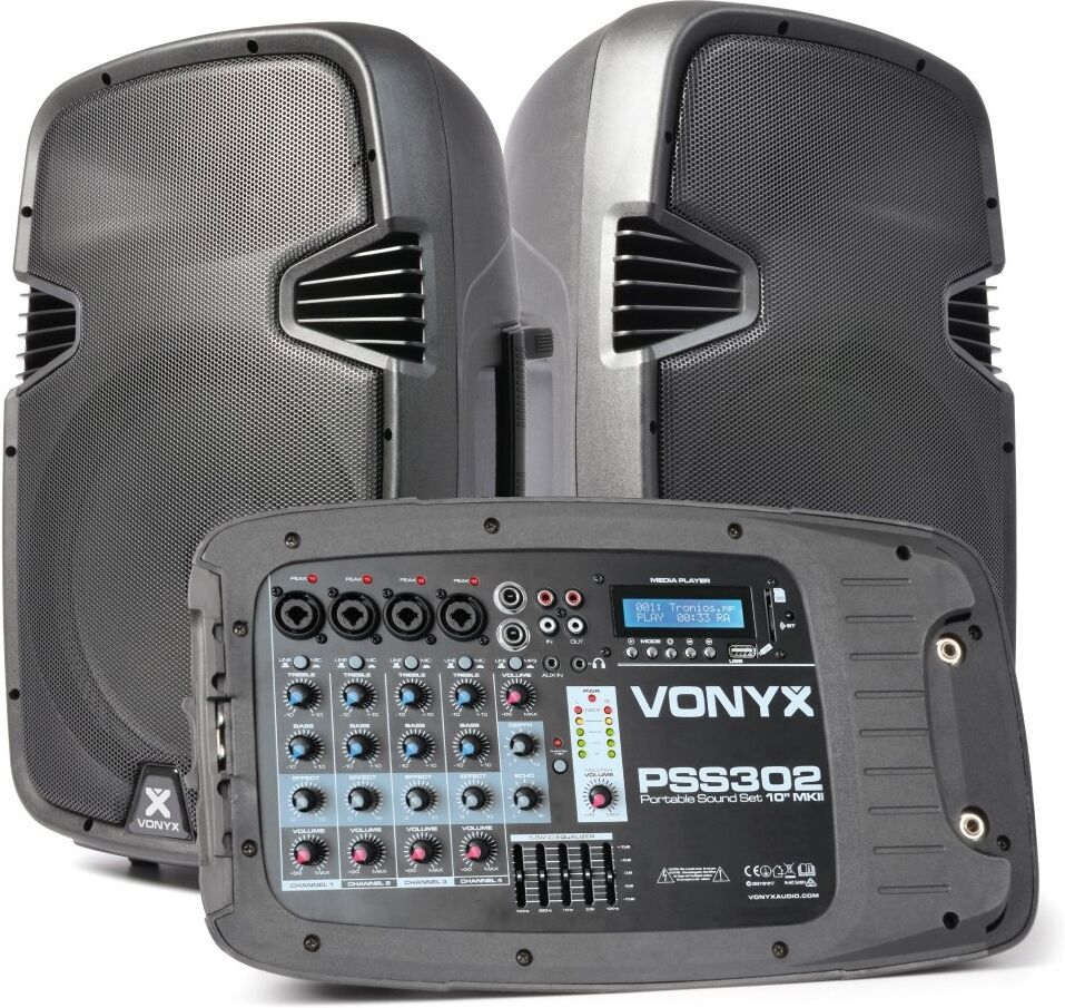 Sistema de Som Portátil 10" 300W (Mesa Mistura + 2 Colunas + Tripés + Microfone) PSS302 - VONYX