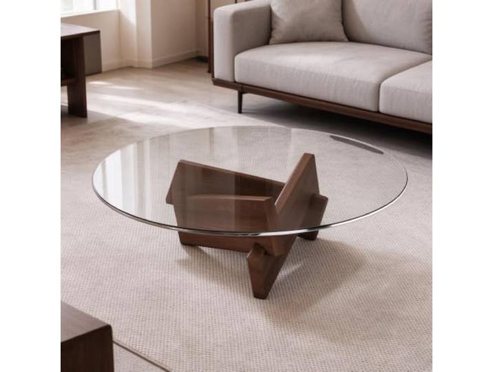 YHTCSXMD Couchtisch Rund, Couchtisch Modern mit Glas Gehärtetes Glas, massives Gummibaumholz, geometrische Basis, Wohnzimmertisch, ideal für Wohnzimmer und Wohnbereiche