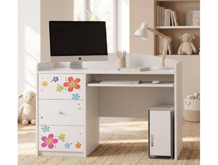 Happy Babies Weißer Kinderschreibtisch mit Schublade und Schrankfach, Schülerschreibtisch für Jungen & Mädchen, PC-Tisch Lerntisch mit Motiv (Nr 4)