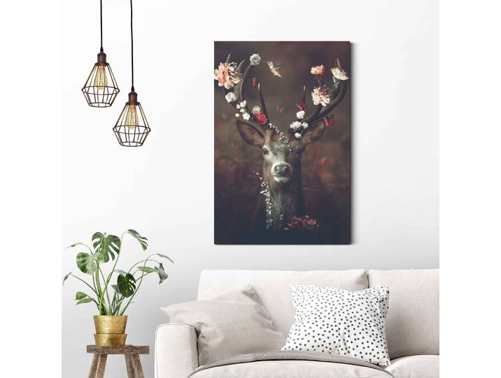 Wandbild REINDERS Hirsch Romantisch - Kolibri - Schmetterling - Blumenkranz , braun (farbe bild(er): braun), B:60cm H:90cm, MDF, Bilder, Wandbild