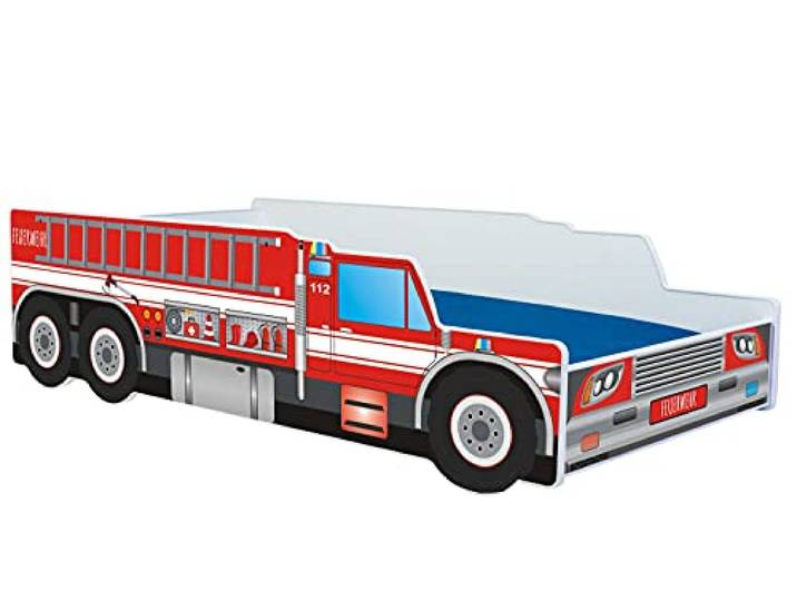 Kids Collective Autobett Kinderbett Jugendbett 70x140 80x160 cm mit Rausfallschutz & Matratze Feuerwehr Feuerwehrauto Feuerwehrmann Kinder Spielbett von Geburt bis 6. Lebensjahr