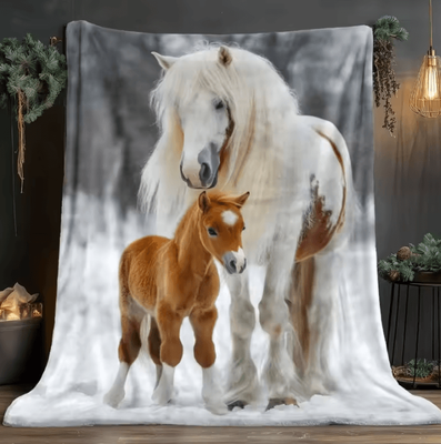 Inspire Curations White Horse And Foal Snow Flannel Throw Blanket 1 130x150cm
