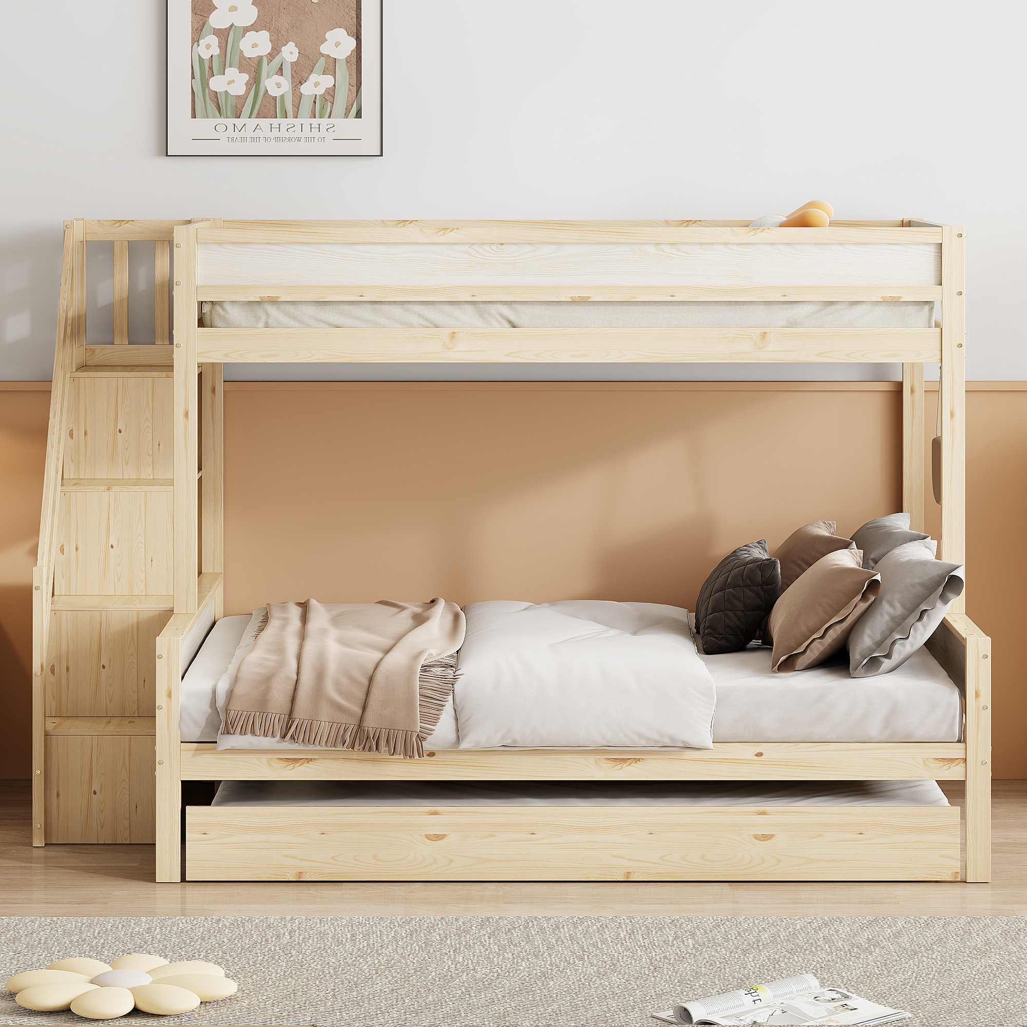 Etagenbett Kinderbett, 90*200/140*200 cm, Ausziehbett 90*190, Massivholz-Etagenbett mit Sicherheitsstufen, Lattenrost, naturfarben