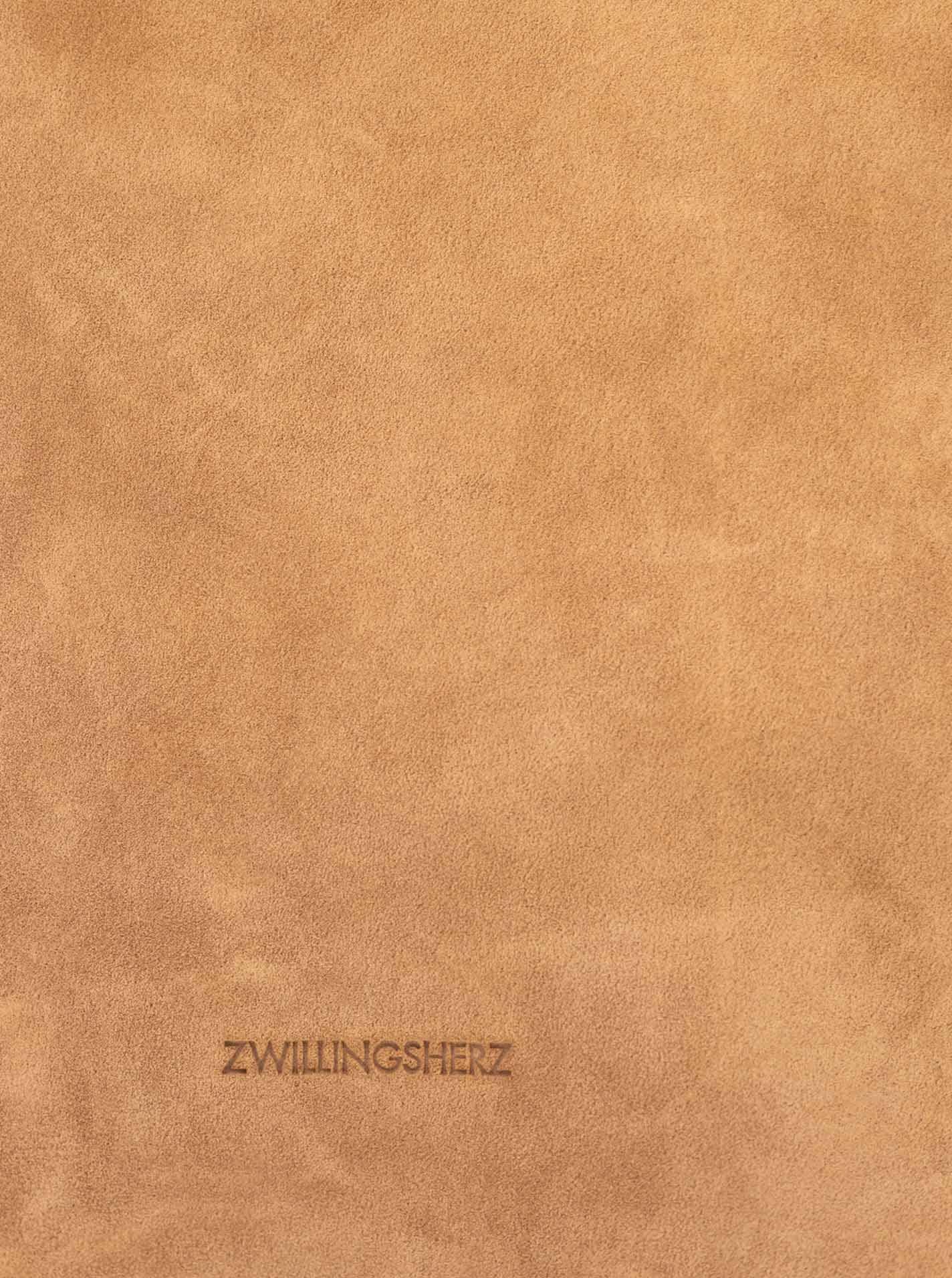 Tragetasche ZWILLINGSHERZ "Everyday Suede", Damen, Gr. B/H/T: 34cm x 16cm, taupe, Rindsleder, Taschen Tragetasche, Beuteldesign, breiter Schulterriemen, weiches Wildleder taupe B/H/T: 34cm x 16cm