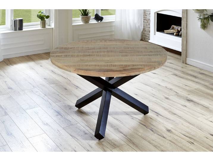SAM® Esstisch Runi, Mangoholz im Used-Look, runde Tischplatte (50mm), Stern-Gestell