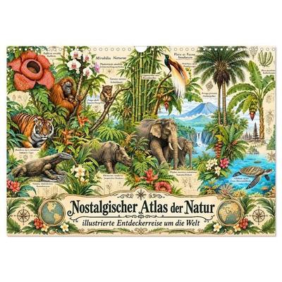 Nostalgischer Atlas der Natur - illustrierte Entdeckerreise um die Welt (Wandkalender 2027 DIN A3 quer), CALVENDO Monatskalender