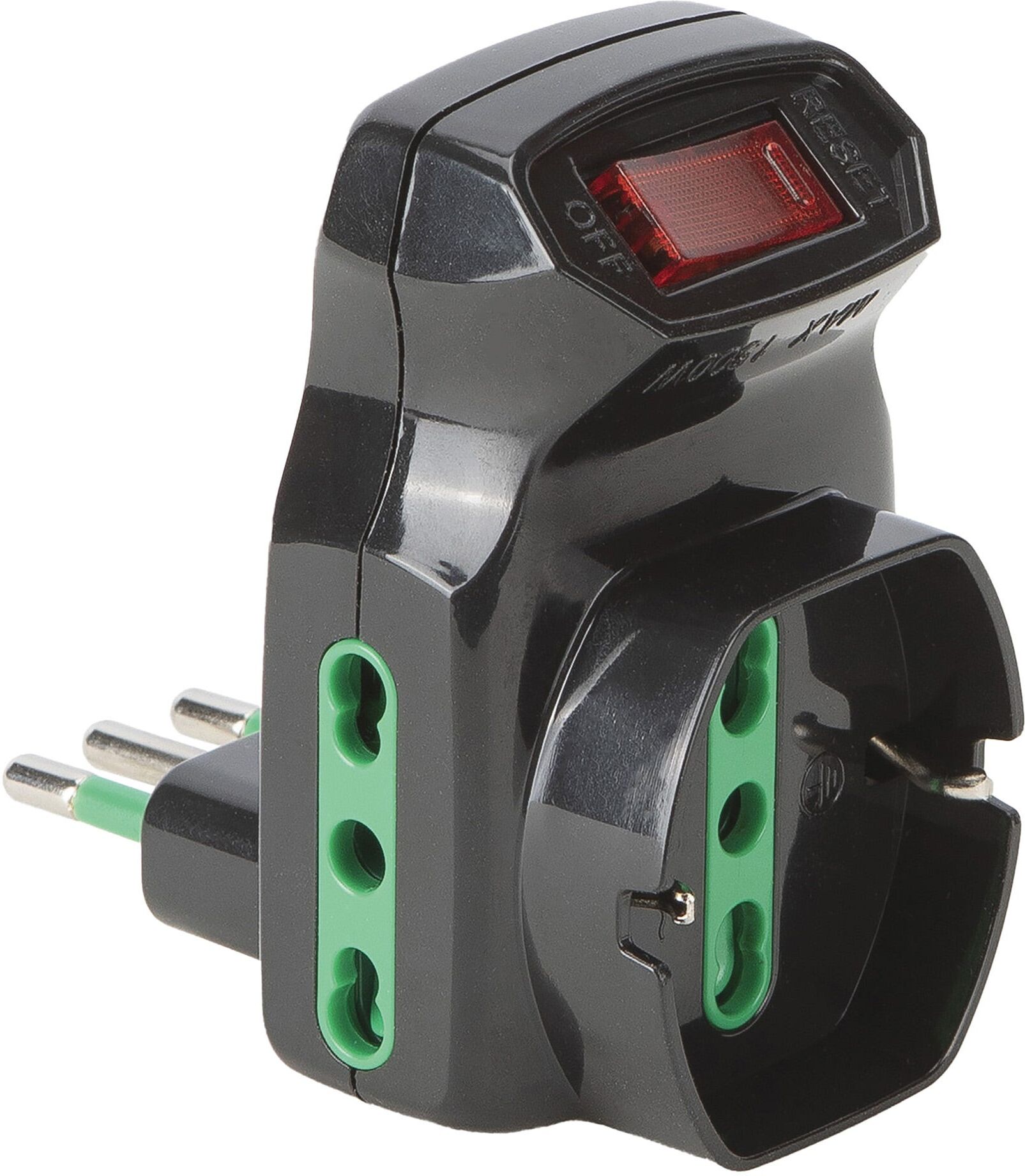 Tecnomat ADATTATORE TRIPLO FANTON SPINA 2P+T 10A 2 PRESE 10/16A 1 UNIVERSALE COLORE NERO CON LIMITATORE