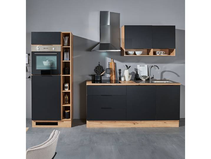 Autarke Küchenzeile Kalcu 270 cm 270 x 211 x 60cm Schwarz/Schwarz Elektrogeräte Basic