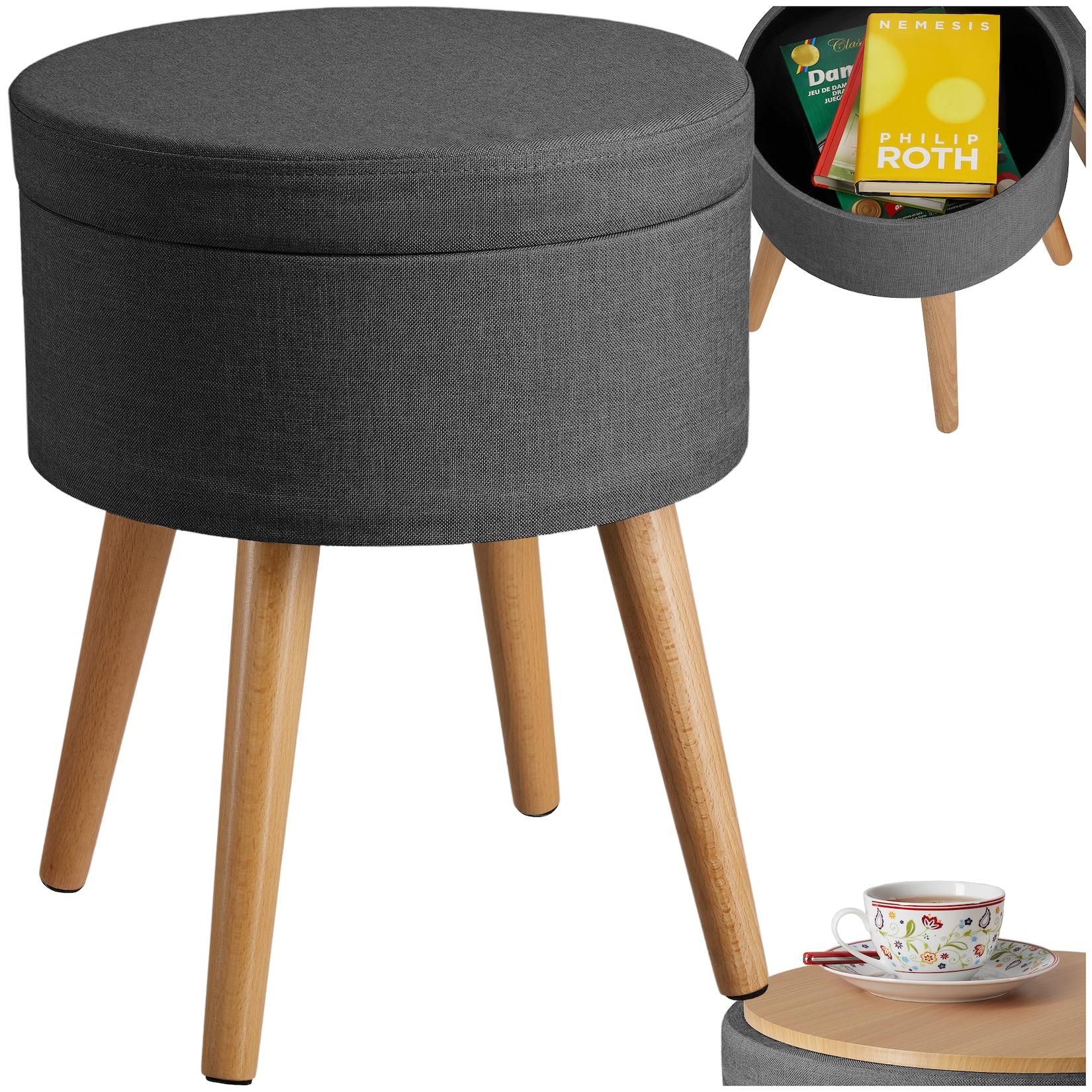 tectake® Sitzhocker mit Stauraum, rund, gepolstert, in Leinenoptik