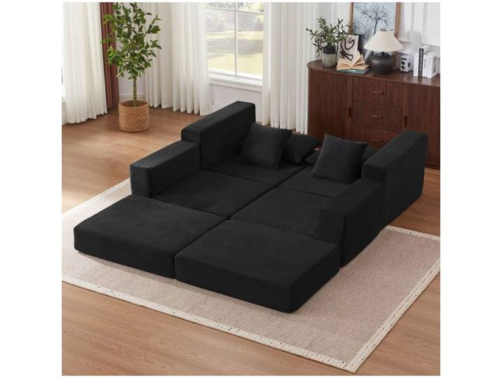 Canapé modulable 2/3 places SENVIRO tissu cordon noir base antidérapante transformable en canapé d'angle ou lit d'appoint