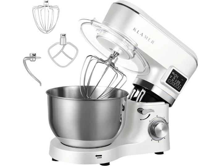 KLAMER Küchenmaschine 1400W, Knetmaschine mit 5,5 Liter Edelstahl Schüssel, 6 Geschwindigkeitsstufen mit Timer, Rührbesen, Knethaken, Schneebesen und Spritzschutz, creme, 1400 W, 5,5 l Schüssel, Spritzschutz, 3 Aufsätze, Saugfüße, digitales Display, Timer