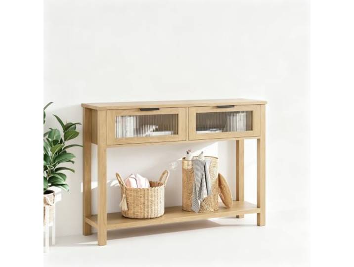 Koioplie Konsolentisch Landhaus Holz 2 Glasschubladen Ablage Natur 2 Schubladen, zweistufiges Design, zusätzliche Ablage, hinter dem Sofa