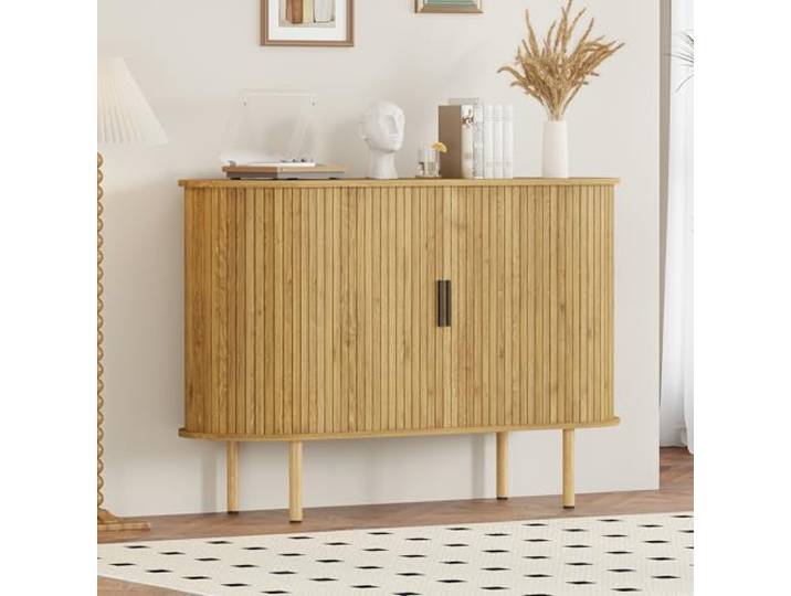 GarveeHome Ovales Sideboard, Buffet mit Schiebetüren, 2-stöckiger Wohnzimmerschrank mit verstellbaren Einlegeböden, für Wohnzimmer, 120 x 40 x 80 cm