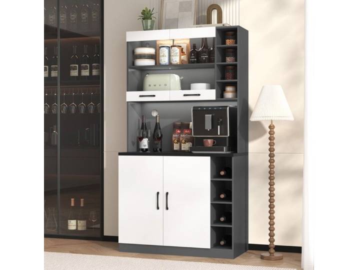Buffet Bahut Buffet haut cuisine bois 100x47x187cm LED éclairage ambiance trous câbles micro-ondes étagères réglables autonome