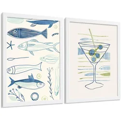 POSTER 2er Set Küchen-Wandbilder Fische Strichzeichnung und Martini Aquarell Minimalistisch Wanddeko Rahmenlos A4