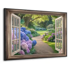 LEINWAND Bilder mit Rahmen - Aussicht - Garten - Fenster - Hortensie - Blumen - 120x80