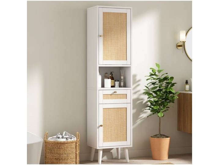 ELVORIN Colonne de salle de bain 40 x 30 x 166 cm blanc effet rotin tiroir