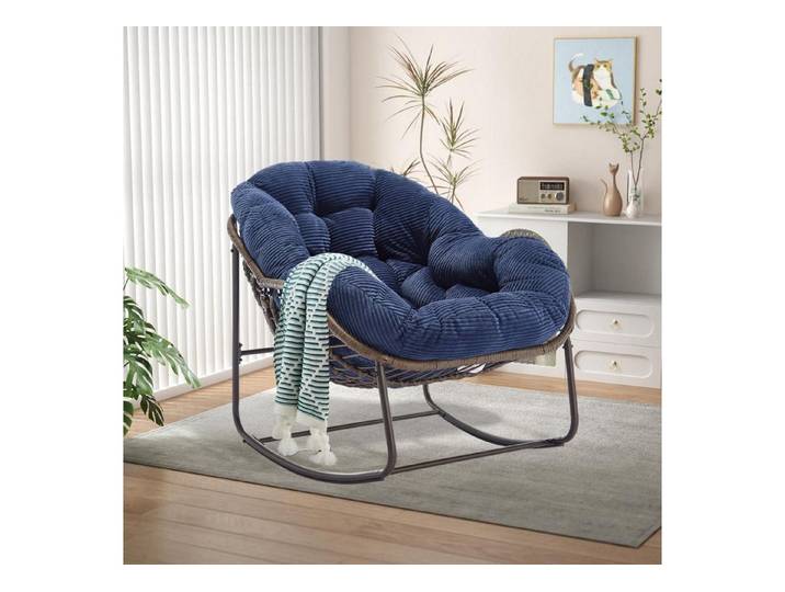 LuxusKollektion Schaukelstuhl Schaukelstuhl Rattan Ei Dunkelblau Cord Eiförmig 95x111x80cm