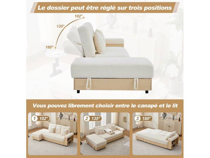 ROVRYN canapé convertible 3 places 217 cm avec rangement 2 tiroirs tissu chenille beige
