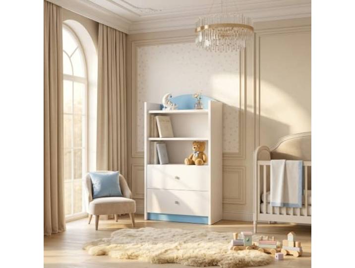 Happy Babies Niedriges Aufbewahrungsregal Kinderzimmer Weiß, Kinderregal Standregal für Spielzeug und Bücher ohne Motiv, Jugendzimmer Unisex, Blau